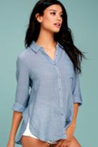 Lulus | Up The Hillside Blue Long Sleeve High-low Top | Size Large | 100% Cotton