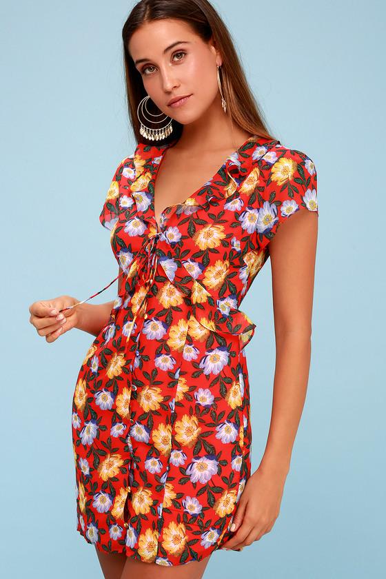 The Fifth Label Unite Coral Red Floral Print Tie-front Dress | Lulus