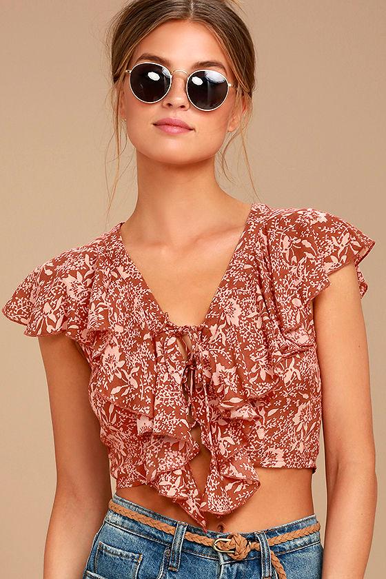 Amuse Society Solana Rust Red Floral Print Lace-up Crop Top | Lulus