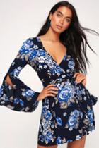 Once And Floral Navy Blue Floral Print Bell Sleeve Wrap Dress | Lulus