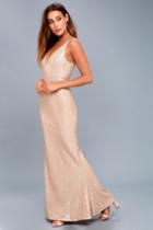 Lulus | Here To Wow Matte Rose Gold Sequin Maxi Dress | Size Medium | Pink | 100% Polyester