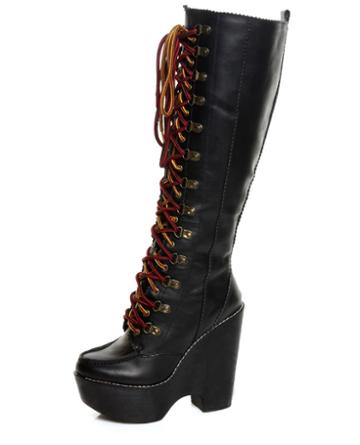 Jeffrey Campbell Expelled Black Leather Knee High Wedge Boots