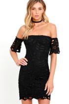 Lulus Sweet Retreat Black Lace Off-the-shoulder Bodycon Dress