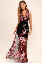 Lulus Work The Bloom Wine Red And Black Embroidered Maxi Dress