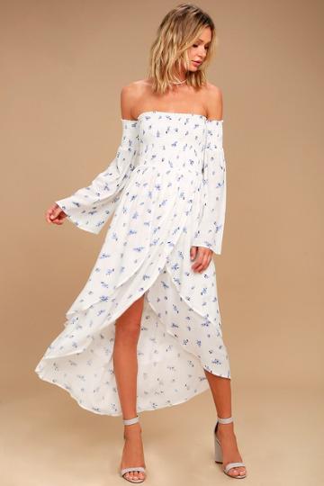 Lucy Love | Vineyard White Floral Print Off-the-shoulder Dress | Size X-small | 100% Rayon | Lulus