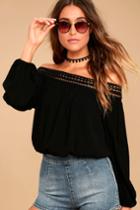 Lulus | Festival Day Black Lace Off-the-shoulder Crop Top | Size X-small | 100% Polyester