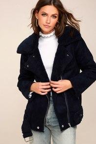 J.o.a. Mount Rainier Navy Blue Suede Sherpa Coat