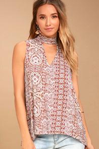 Lulus Traveler Rust Red Print Sleeveless Top