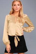 Lulus | Life Of The Party Beige Satin Long Sleeve Top | Size Large | 100% Polyester