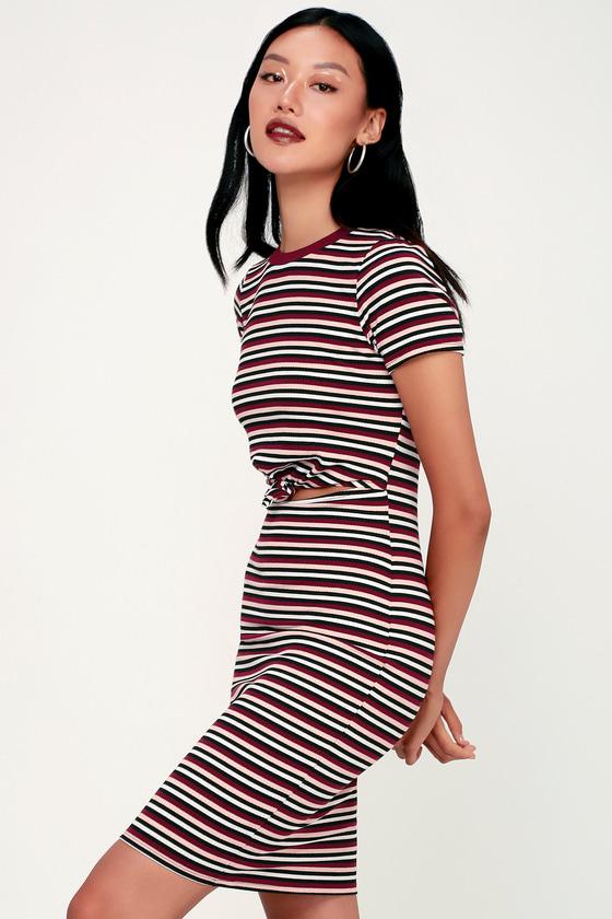Mellie Burgundy Striped Knotted Front Cutout Dress | Lulus