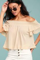 Lulus | Always Stylish Beige Off-the-shoulder Crop Top | Size Large