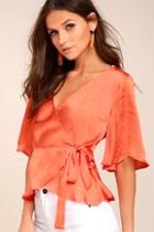 Lulus Heart To Heart Coral Orange Satin Wrap Top