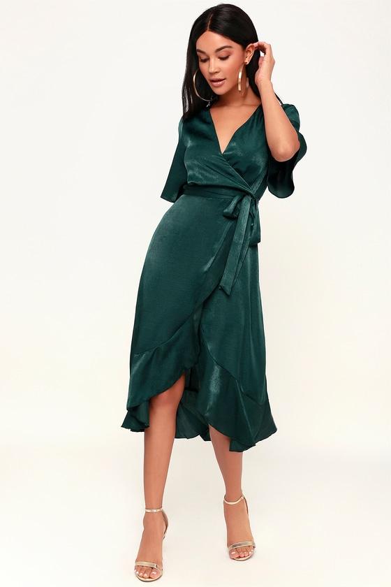 Wrapped Up In Love Dark Green Satin Wrap Midi Dress | Lulus