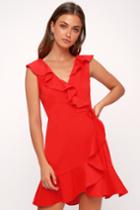 J.o.a. Jennessa Red Ruffled Wrap Dress | Lulus