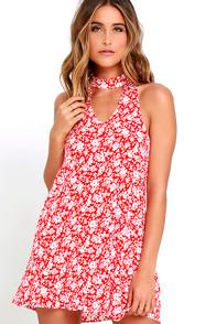 Lulus Lean Close Ivory And Red Floral Print Swing Dress