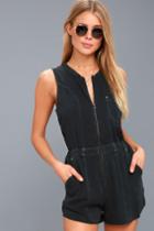 Rvca Hitched Washed Black Sleeveless Romper | Lulus