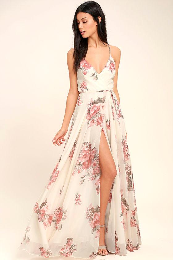Lulus | Elegantly Inclined Cream Floral Print Wrap Maxi Dress | Size Large | White | 100% Polyester