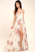 Lulus | Elegantly Inclined Cream Floral Print Wrap Maxi Dress | Size Large | White | 100% Polyester