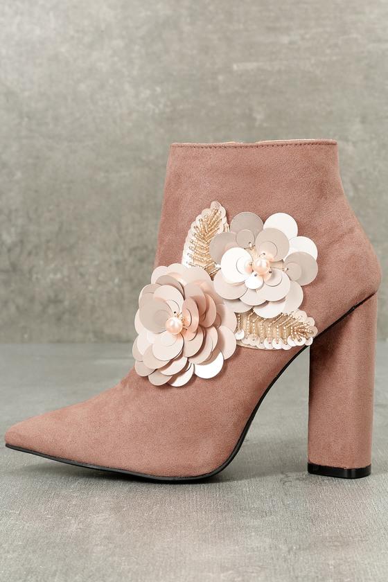 Qupid | Allison Mauve Suede Sequin Ankle Booties | Lulus