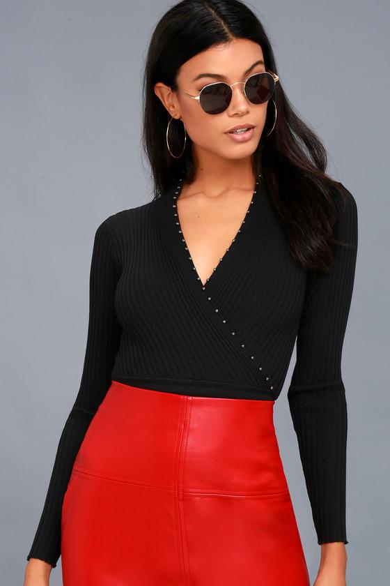 Lulus | A-list Black Long Sleeve Ribbed Wrap Top | Size Large