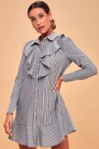 The Fifth Label Parcel Grey Striped Long Sleeve Ruffled Shirt Dress | Lulus