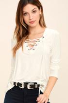 Lulus Love Song Ivory Long Sleeve Lace-up Top