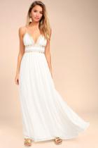 Lulus | Giza White Embroidered Maxi Dress | Size Large | 100% Polyester