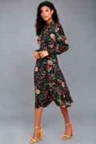 Retro Ready Black Floral Print Long Sleeve Midi Dress | Lulus
