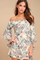 Lulus | Sun-drenched Daydream Beige Floral Print Off-the-shoulder Dress | Size X-large | 100% Polyester