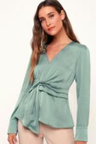 Lucie Sage Green Satin Knotted Front Top | Lulus
