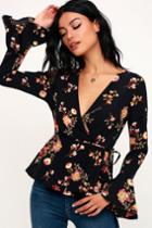 In A Whisper Midnight Blue Floral Print Long Sleeve Wrap Top | Lulus
