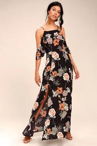 Dress Forum Sweet Scene Black Floral Print Off-the-shoulder Maxi Dress