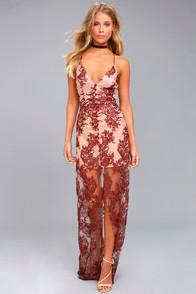 Finders Keepers Spectral Burgundy Lace Maxi Dress