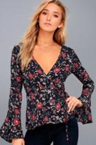 Lulus | In A Whisper Navy Blue Floral Print Long Sleeve Wrap Top | Size Large | 100% Rayon