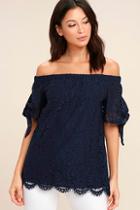 Lulus Ethereal View Navy Blue Lace Off-the-shoulder Top
