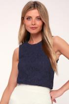 Franciscan Navy Blue Lace Sleeveless Top | Lulus