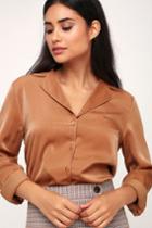 In The Biz Camel Satin Long Sleeve Button-up Top | Lulus