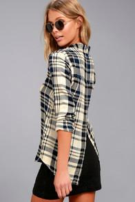 Tavik Ilana Beige And Navy Blue Plaid Button-up Top