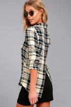 Tavik Ilana Beige And Navy Blue Plaid Button-up Top