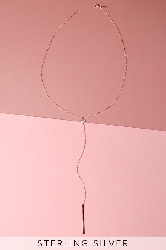 Lulus - Finding Love Rose Gold Rhinestone Drop Necklace