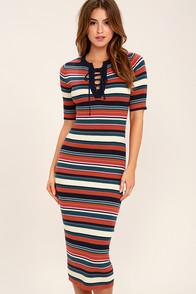 Lunik Can You Dig It Navy Blue Striped Bodycon Midi Dress