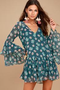 Billabong Stevie Sunday Blue Floral Print Long Sleeve Dress