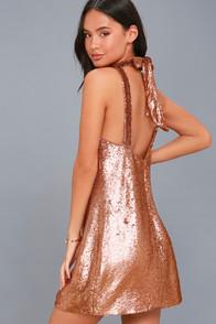 C/meo Illuminated Copper Sequin Halter Dress