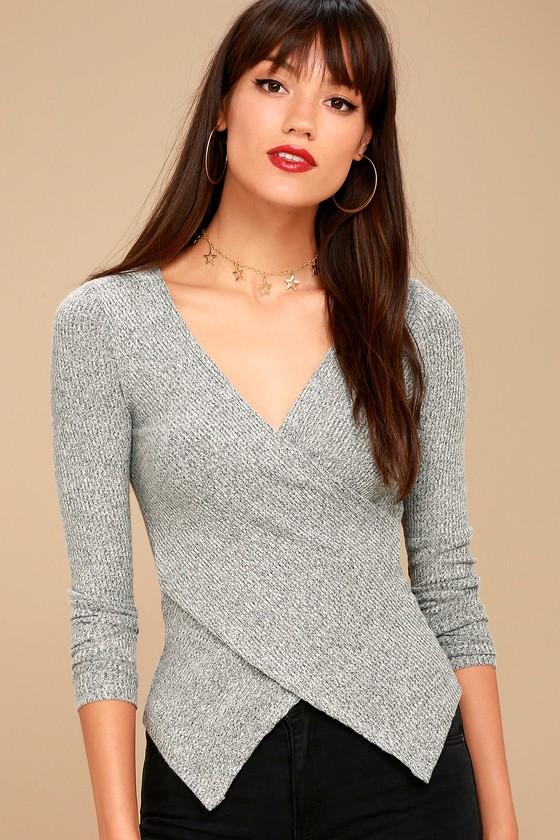 Lulus | So Delightful Heather Grey Long Sleeve Wrap Top | Size Large