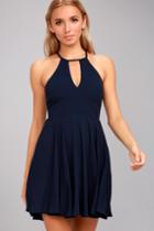Lulus | Glamorous Grace Navy Blue Skater Dress | Size Medium | 100% Polyester