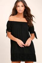 Lulus Moment In The Sun Black Lace Off-the-shoulder Dress