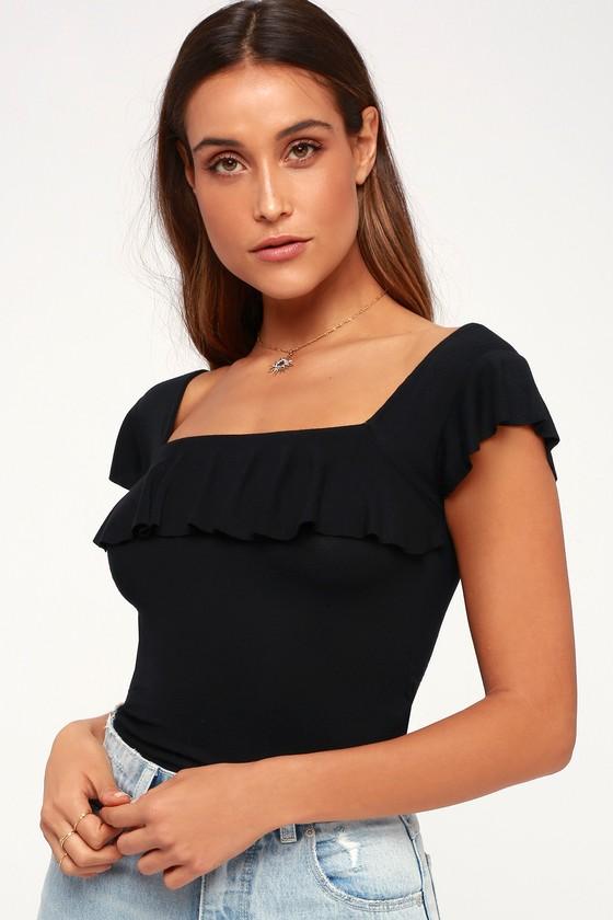 Free People Last Call Black Ribbed Flounce Top | Lulus