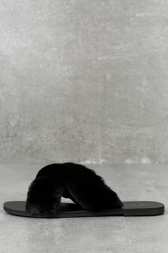 Soda | Ramona Black Faux Fur Slide Sandal Heels | Size 5.5 | Lulus