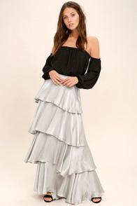 Olivaceous Celebrate The Occasion Silver Satin Maxi Skirt