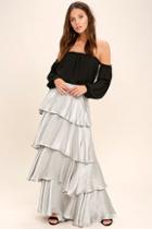 Olivaceous Celebrate The Occasion Silver Satin Maxi Skirt